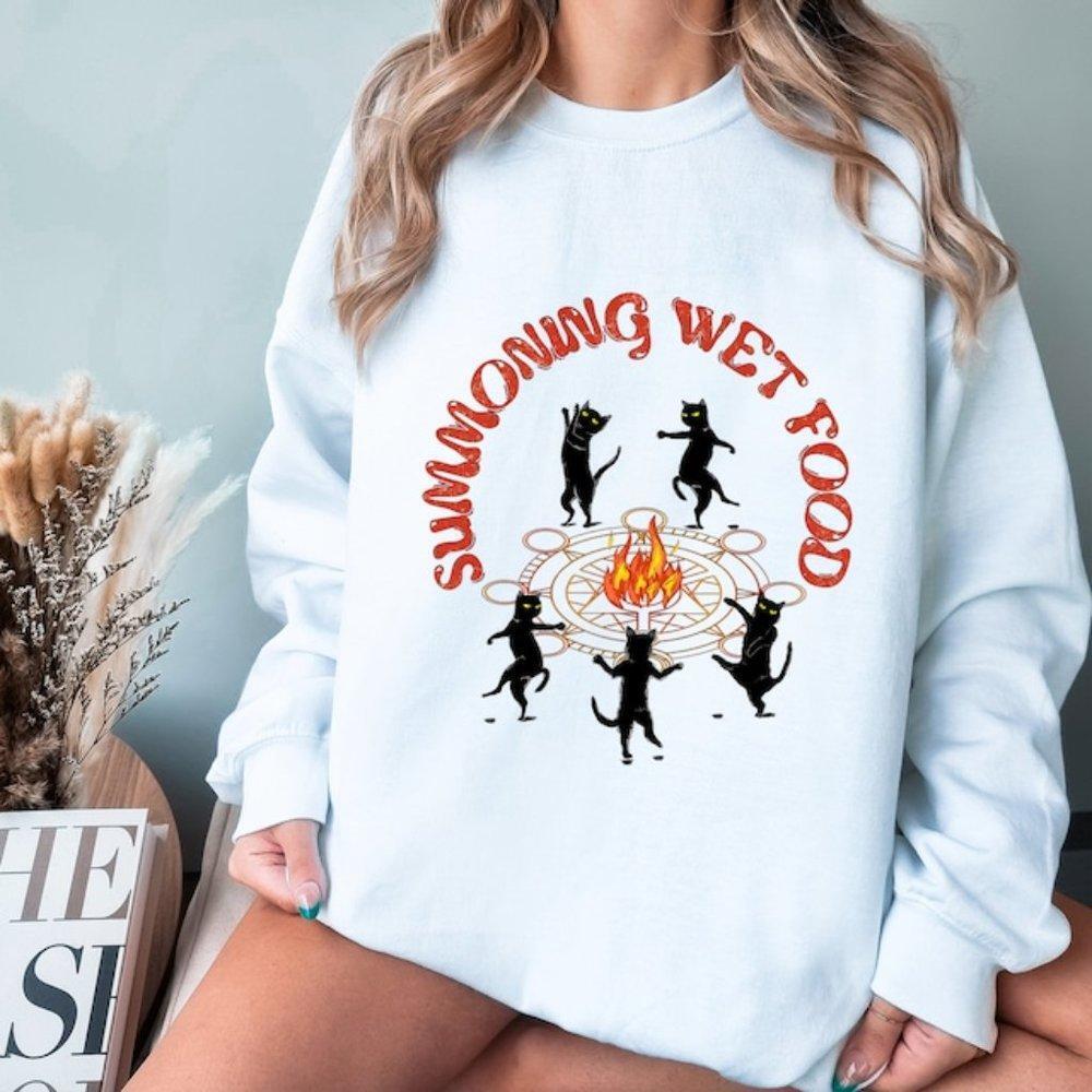 Summoning Wet Food Cat Halloween Retro Funny Dancing Cat